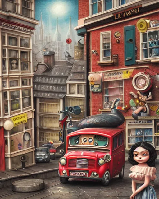 Prompt: highly detailed closeup, portrait of a tin toy london streets, hyper realistic, artstation, illustration, nicoletta ceccoli, mark ryden, lostfish, dan decarlo, bob clampett, max fleischer, digital paint, matte paint, vivid colors, detailed and intricate environment