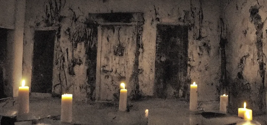 Prompt: candle lights flicker where the air is deathly still inside the haunted house where ghost hosts welcome new victims/residents...