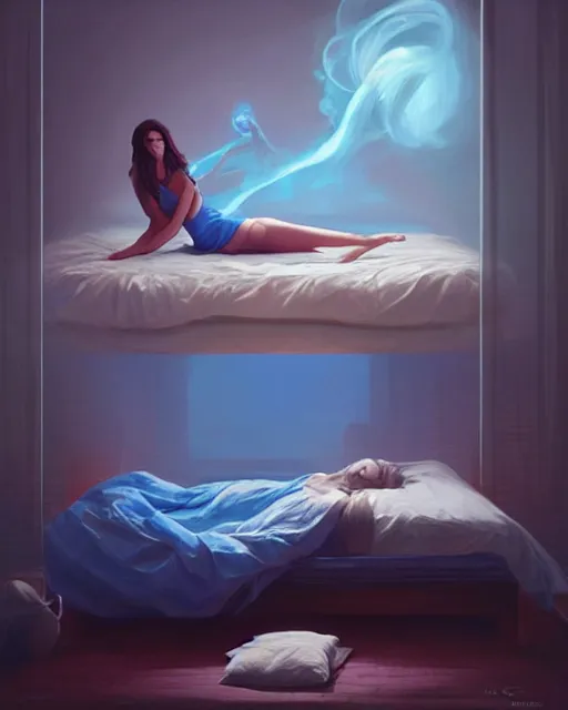 Prompt: a woman floating abover her bed at night, astral projection, blue smoke! surreal concept art, lifelike, photorealistic, digital painting, aesthetic, smooth, sharp focus, artstation hd, artgerm and by greg rutkowski, bruce pennington, valentina remenar, rhads, asher duran,