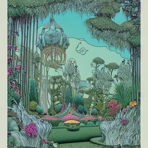 Prompt: fluffy 🏩 death ornate powerscourt estate garden, pastiche by moebius, pastiche by roger dean, precise and intricate linework, art nouveau cosmic 4 k detailed matte illustration trending on cgsociety, cgsociety, linen and aqua color scheme