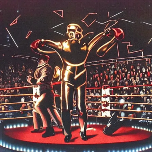 Image similar to ronald reagan and karl marx wearing giant metal shiny exoskeleton suits fighting to the death in the center of a futuristic boxing ring, distant cheering crowd, dramatic lighting, dramatic stadium lighting