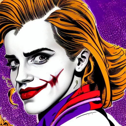 Image similar to dynamic macro head portrait of beautiful emma watson as the joker in white sequined jacket by john romita sr and cory walker and ryan ottley and jack kirby and barry windsor - smith, comic, illustration, photo real