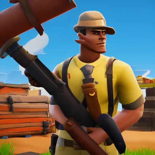 Prompt: scout from team fortress 2 as a fortnite character, gameplay screenshot