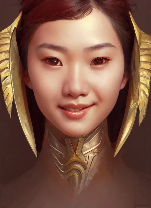 Prompt: Close-up portrait of smiling young asian woman wearing a winged helmet, close-up portrait, highly detailed, digital painting, artstation, concept art, sharp focus, illustration, art by artgerm and greg rutkowski and alphonse mucha