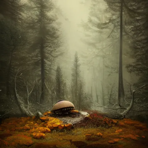 Prompt: an old broken hut mage of huge mushrooms, snow in an autumn forest, animals, green and brown tones, by Aron Wiesenfeld and beksincki, in the style Bev dolittle, cinematic, detailed illustration, nature, fog, dark colors, suspense, intricate, 8k in the style