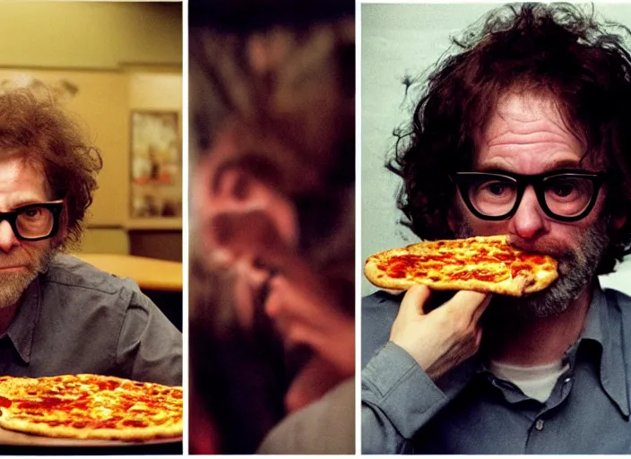 Prompt: cinematic portrait of charlie kaufman, with bear and glasses, eating pizza at chuck - e - cheese with sloppy cheesy sauce, dramatic lighting, moody film still from ( 2 0 0 1 ) film being john malkovich, 3 5 mm kodak color stock, 2 4 mm anamorphic lens, directed by spike jonze