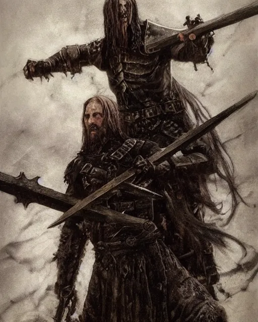 Image similar to realistic HD high detail portrait of !Kristian Elvind Espedal! aka !Gaahl! portrayed as a fearsome High Medieval High Fantasy blackguard. face and body. clad in black steel plate armour. wielding a two-handed battle-axe. in the style of Angus McBride, Jeffrey Catherine Jones, Michael Whelan, and Jeff Easley.