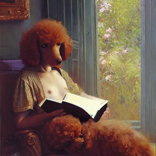 Image similar to a poodle reading a big book, highly detailed painting by gaston bussiere, craig mullins, j. c. leyendecker 8 k