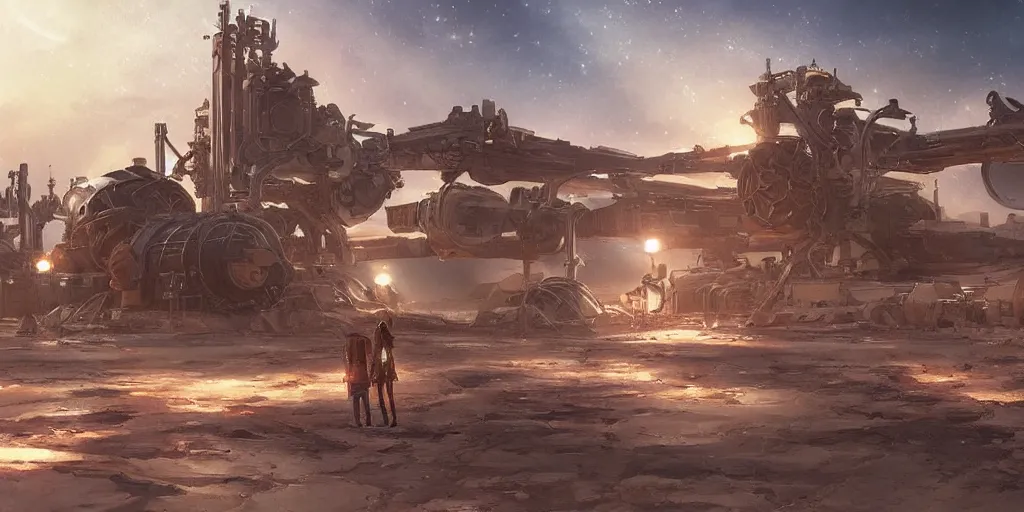 Image similar to anime spaceport in desert steampunk key by greg rutkowski night ultrahd fantastic details