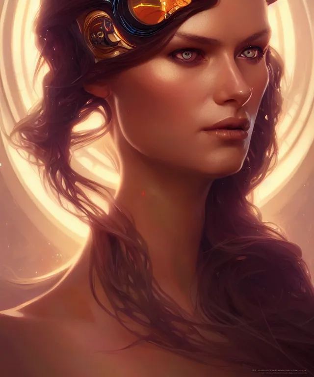 Image similar to futuristic woman portrait, sci-fi, amber eyes, face, long hair, fantasy, intricate, elegant, highly detailed, digital painting, artstation, concept art, smooth, sharp focus, illustration, art by artgerm and greg rutkowski and alphonse mucha