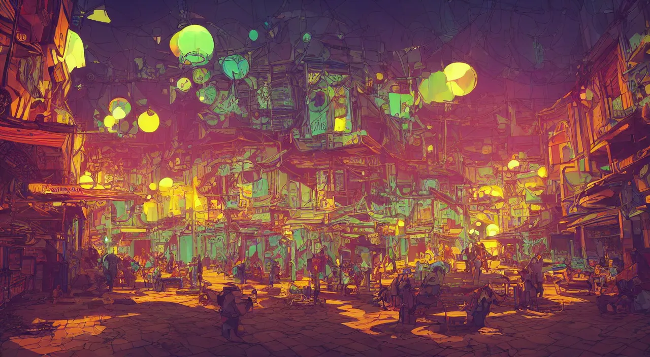 Image similar to bazaar zouk oriantal full color sky shine place mosquet painting stylized cutout vector digital illustration video game icon global illumination ray tracing that looks like it is from borderlands by victo ngai, andreas rocha, john harris and feng zhu and loish and laurie greasley,