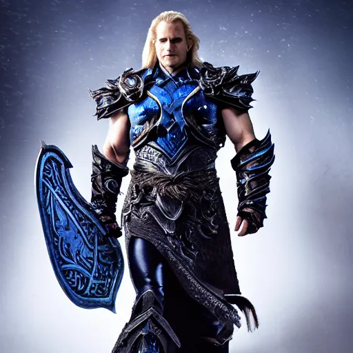 Image similar to Henry Cavill as Arthas Menethil in World of Warcraft, promo shoot, studio lighting