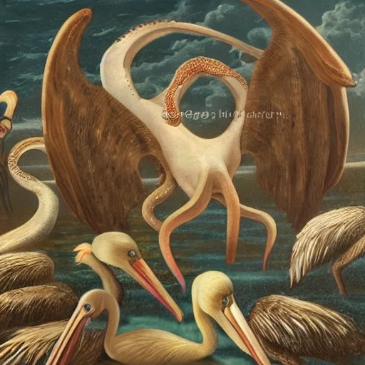 Image similar to an octopus learning to fly with pelicans, oil on canvas, intricate, 8k highly professionally detailed, HDR, CGsociety