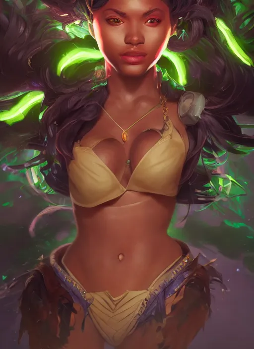 Image similar to senna from league of legends, au naturel, hyper detailed, brown skin, glowing green eyes, digital art, trending in artstation, cinematic lighting, studio quality, smooth render, unreal engine 5 rendered, octane rendered, art style by klimt and nixeu and ian sprigger and wlop and krenz cushart