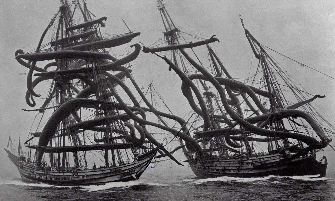 Image similar to the bluenose schooner is being attacked by a giant squid. old black and white photo