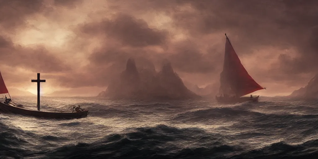 Image similar to a Viking ship (Ormen Lange) with horizontal striped sail, red and white, sailing to towards left, waves, a small cross in the distance on shore on the left side, by Andreas Rocha + Ted Nasmith, dark, cinematic lighting, masterpiece, highly detailed, 8k resolution, trending on art station