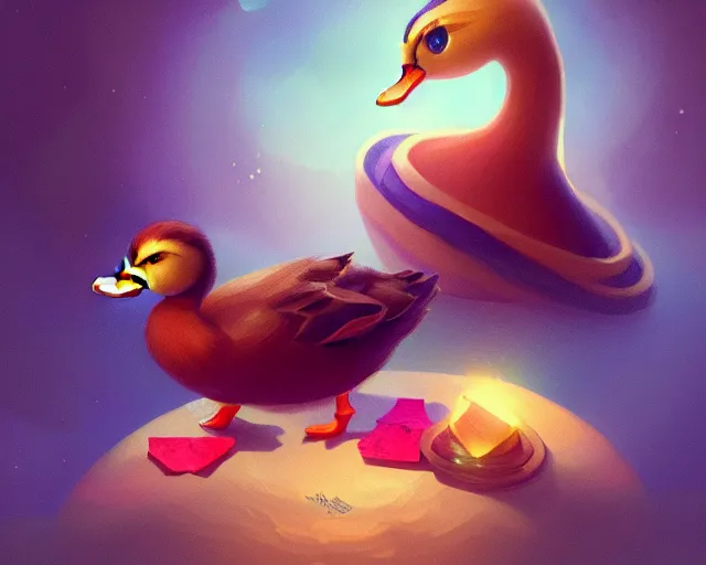 Image similar to a cute duck, photography of kurzgesagt, deep focus, d & d, fantasy, intricate, elegant, highly detailed, digital painting, artstation, concept art, matte, sharp focus, illustration, hearthstone, art by artgerm and greg rutkowski and alphonse mucha