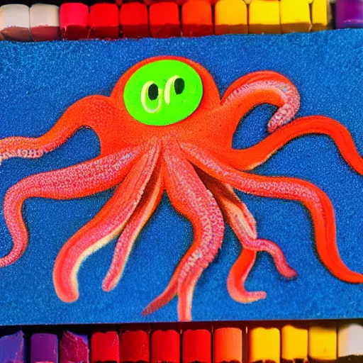 Prompt: octopus made of crayons, 8 k macro photo with dark lighting