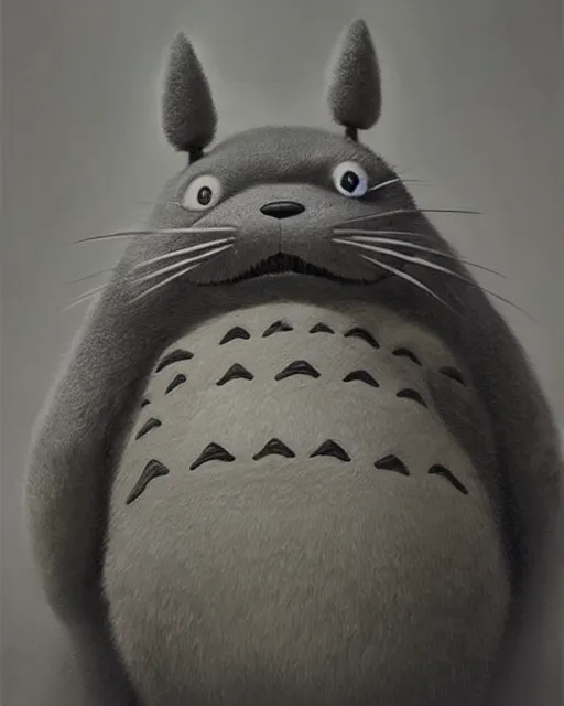 Prompt: portrait of real life totoro, hyperrealistic, very detailed fur, sharp focus, fine lines, fine art, detailed painting by mark arian, artgerm, bastien lecouffe - deharme