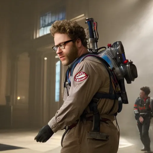 Prompt: awe inspiring Seth Rogen playing a Ghostbuster in a still from the movie Ghostbusters 8k hdr