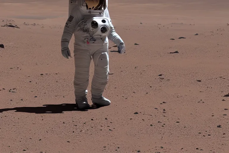 Prompt: female astronaut taking the first steps on mars in futuristic soacesuit, landed spaceship in background