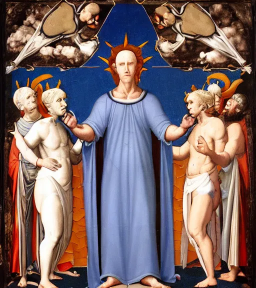 Image similar to hank hill wearing a white toga as the god of propane surrounded by blue fire and blue flames, renaissance religious painting, late gothic religious paintings, byzantine religious art, painting by duccio di buoninsegna and carlo crivelli, trending on artstation