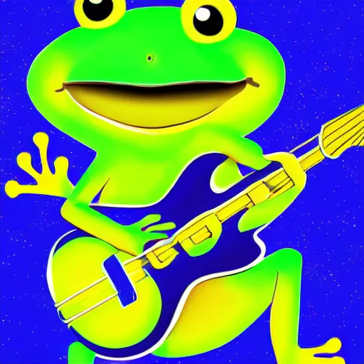 Prompt: cute frog playing on guitar, digital art, blue background, modern