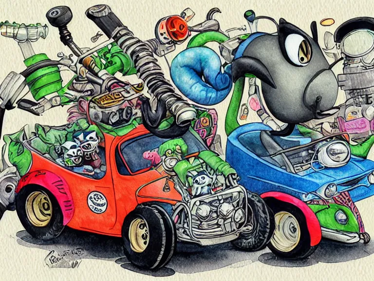 Image similar to cute and funny, racoon riding in a tiny hot rod coupe with oversized engine, ratfink style by ed roth, centered award winning watercolor pen illustration, isometric illustration by chihiro iwasaki, edited by range murata