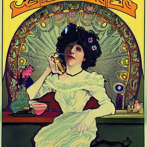 Image similar to vintage poster of Caucasian fortune teller lady with curly hair, a spread of tarot cards on a table, cats on her side, in a colorful tent, Alphonse Mucha,