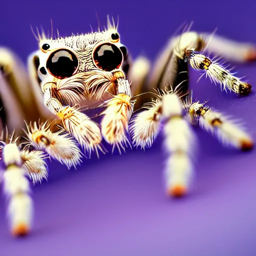 Image similar to a jumping spider, using a miniature computer keyboard, by pixar, macro lens, iridescent