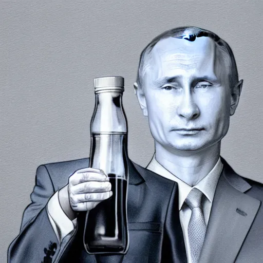 Image similar to vladimir putin wearing a dress and holding a bottle of arak, cinematic, beautiful digital painting, hyper detailed