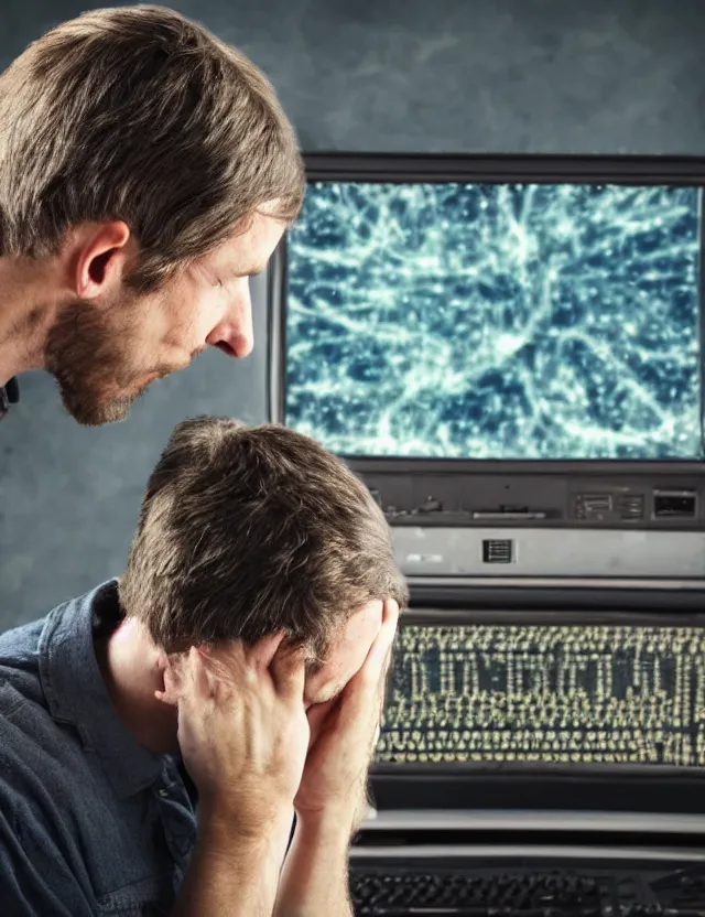 Image similar to a high resolution photo of a sad man watching the end of the universe live stream playing on a vintage computer screen, earthquake, debris