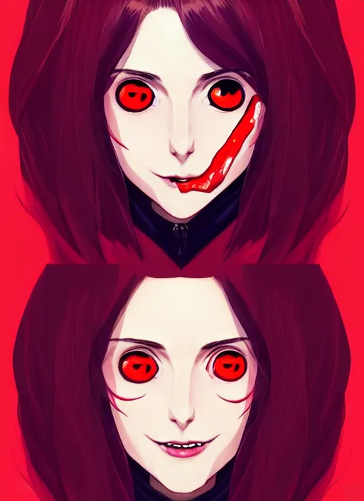 Image similar to beautiful anime vampire girl Alison Brie sharp teeth, red glowing hair, smiling, symmetrical face symmetrical eyes, blurry background, Jamie McKelvie comic art, Alexandra Fomina artstation, face by Ilya Kushinov style, style by Loish, Norman Rockwell, painterly style, flat illustration