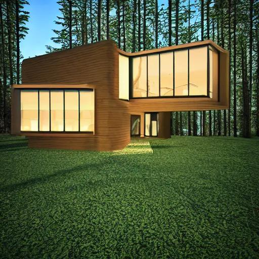 Image similar to a modern house in the woods. the house is the shape of a mobius strip with large picture windows. there are pine trees all around. digital art, 3 d render.