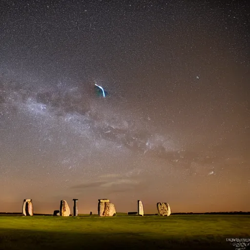 Prompt: a high - quality photo of the perseid meteor shower over stonehenge, milky way, long exposure, iso 1 6 0 0, astrophotography, f 2. 8