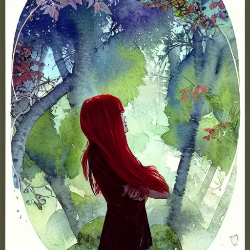 Prompt: side view a beautiful and inspiring intricate watercolor illustration artwork red hair italian girl in the forest, feeling the nature, eyes closed, 4 k, ultra - wide angle, by william turner, by victo ngai, by alphonse mucha, by miho hirano, hd, trending on artstation, hyper detailed, muted colors, inspiring, beautiful, energetic