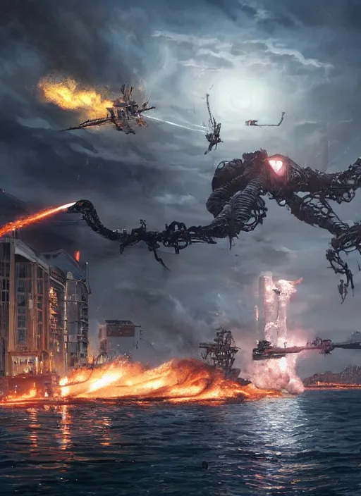 Image similar to hyper realistic squid robot attacking cape town city harbor explosions beautiful details, strong composition painted by kim jung giu weta studio rutkowski, james gurney and greg rutkowski, and lucasfilm