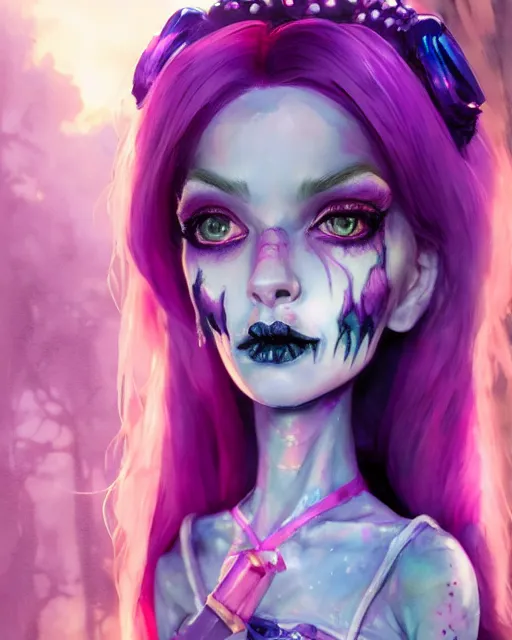 Prompt: watercolor portrait of monster high doll, stephen bliss, unreal engine, by greg rutkowski, loish, rhads, makoto shinkai and lois van baarle, ilya kuvshinov, rossdraws, global illumination, radiant light, detailed and intricate environment, pastel lighting