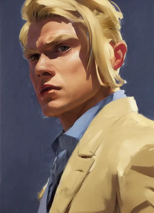 Image similar to greg manchess portrait painting of a blond man in a blue suit with a sword and a pistol, asymmetrical, profile picture, organic painting, sunny day, matte painting, bold shapes, hard edges, street art, trending on artstation, by huang guangjian, gil elvgren, ruan jia, randy vargas, greg rutkowski