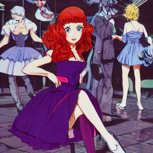 Prompt: anime girl wearing purple dress, red shoes, red hair tie, white tights, extremely detailed, sharp focus, isekai farm darwyn cooke, bernie wrightson, guido crepax, will eisner, alex toth, bill ward, bob clampett, matte painting concept art