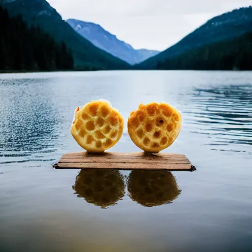 Image similar to two sad crumpets holding hands by a lake