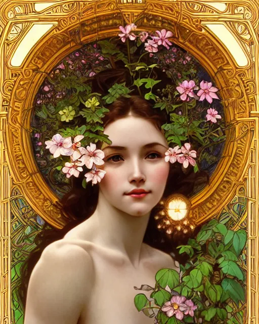 Prompt: portrait of mother nature, wlop, artgerm, flowery overgrowth, alphonse mucha, radiant halo of light, intricately carved mahogany, gilding, artstation