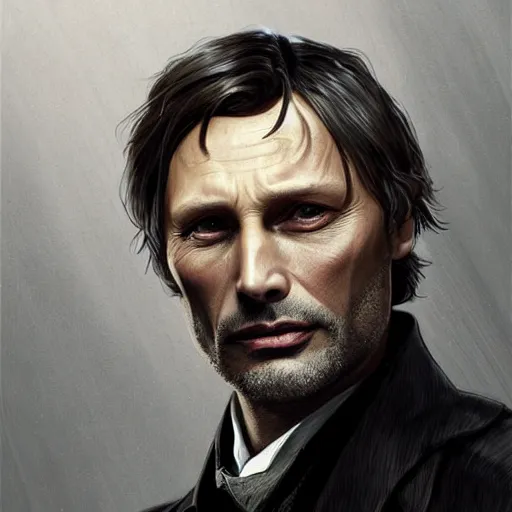 Prompt: portrait of Mads Mikkelsen as Sherlock Holmes, elegant, intricate, headshot, highly detailed, digital painting, artstation, concept art, sharp focus, illustration, art by artgerm and greg rutkowski and alphonse mucha