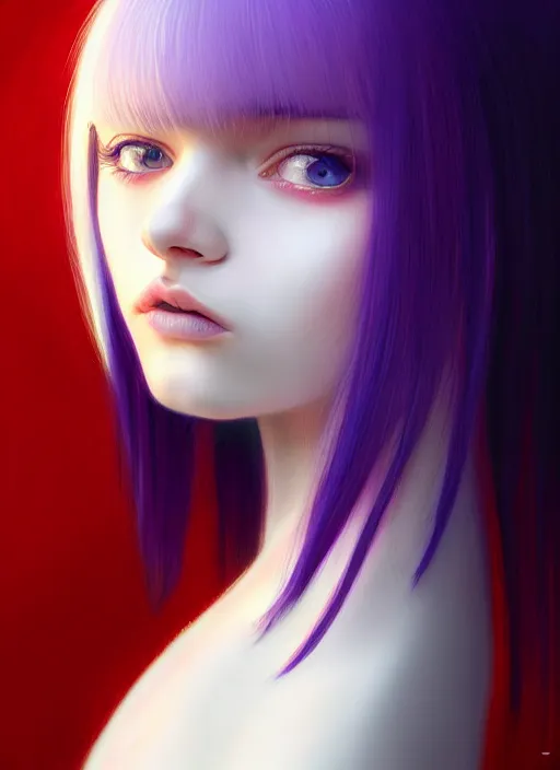 Image similar to hair whitebangs hair, black hair, whitebangs, portrait of teenage girl with white bangs, red irises, purple clothes, white bangs, bangs are different color from hair, intricate, elegant, glowing lights, highly detailed, digital painting, artstation, concept art, smooth, sharp focus, illustration, art by wlop, mars ravelo and greg rutkowski