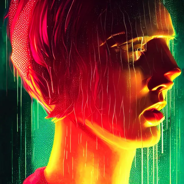 Image similar to bright aesthetic portrait LSD glowing backlit rain on face and wet hair, cyberpunk, overhead lighting, fantasy, intricate, elegant, dramatic lighting, highly detailed, lifelike, photorealistic, digital painting, artstation, illustration, concept art, smooth, sharp focus, art by John Collier and Albert Aublet and Krenz Cushart and Artem Demura and Alphonse Mucha