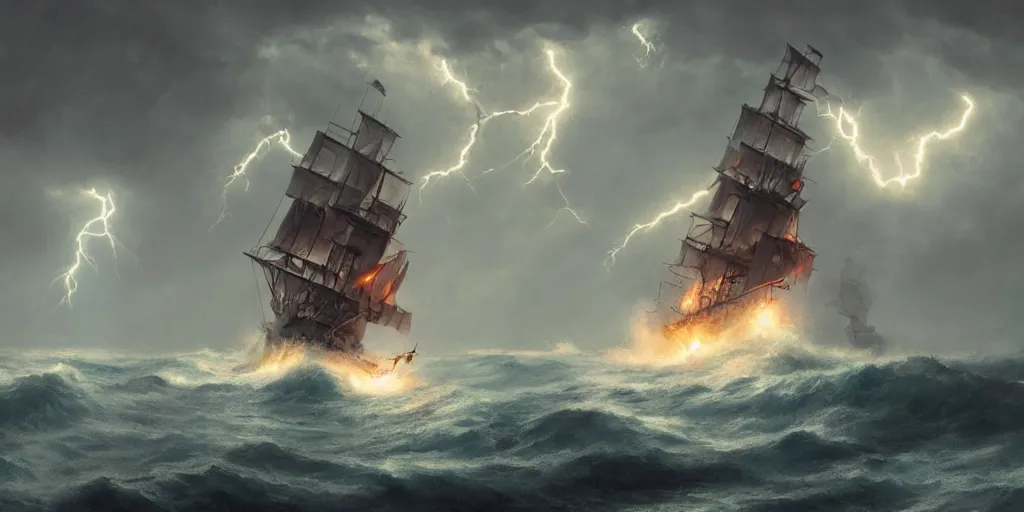 Prompt: Lightning striking a pirate vessel as it sails on wild ocean waters during a thunderstorm, crashing waves, 4k, cozy wallpaper, trending on Artstation, award-winning, art by Greg Rutkowski