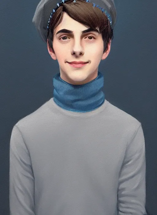 Image similar to portrait of teenage jughead jones wearing a light grey crown, crown, blue turtleneck, closed eyes, eyes closed, smile, crown, black hair, intricate, elegant, glowing lights, warm lighting, highly detailed, digital painting, artstation, concept art, smooth, sharp focus, illustration, art by wlop, mars ravelo and greg rutkowski