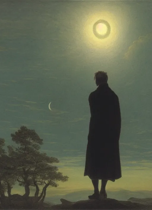 Image similar to a human silhouette observing an eclipse in the distance, painted by caspar david friedrich