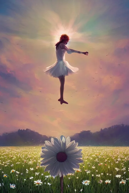 Image similar to giant white daisy flower as head, girl dancing in a flower field, surreal photography, sunrise, dramatic light, impressionist painting, colorful clouds, digital painting, artstation, simon stalenhag