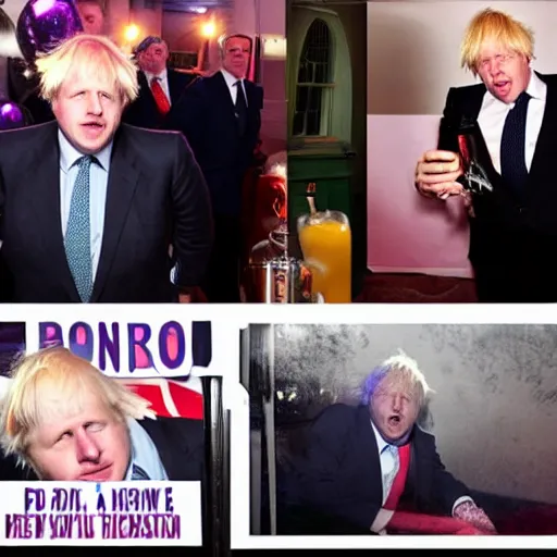 Prompt: boris Johnson all night party, hyper realistic, paparazzi photo, booze, drugs, party, late night,